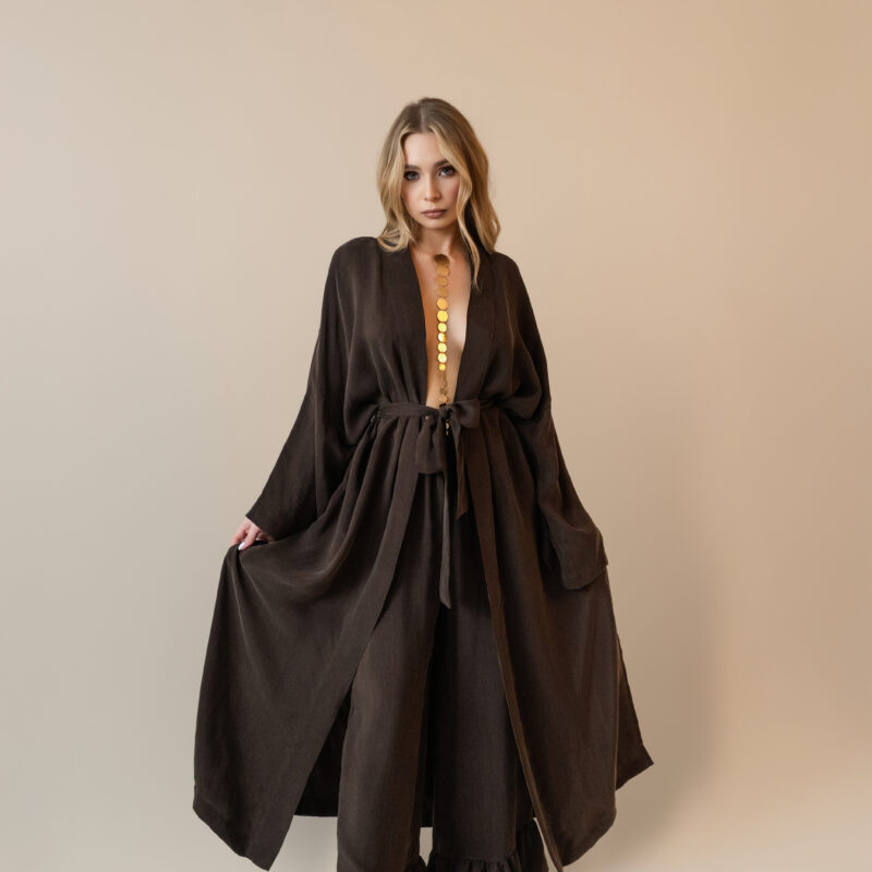 Długie kimono z cupro w kolorze czekoladowym